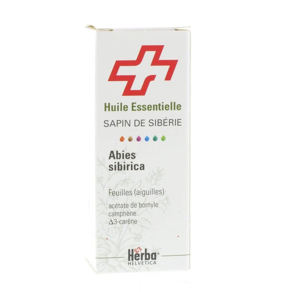 Boîte blanche avec croix rouge. Texte: Huile Essentielle Sapin de Sibérie, Abies sibirica, logo Herba Helvetica.