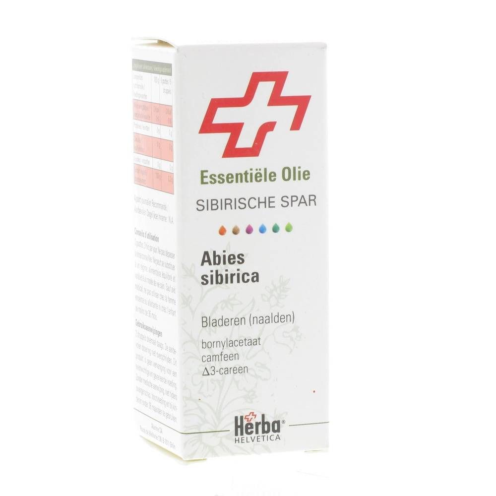 Boîte blanche avec croix rouge. Texte: Essentiële Olie Sibirische Spar, Abies sibirica, logo Herba Helvetica.