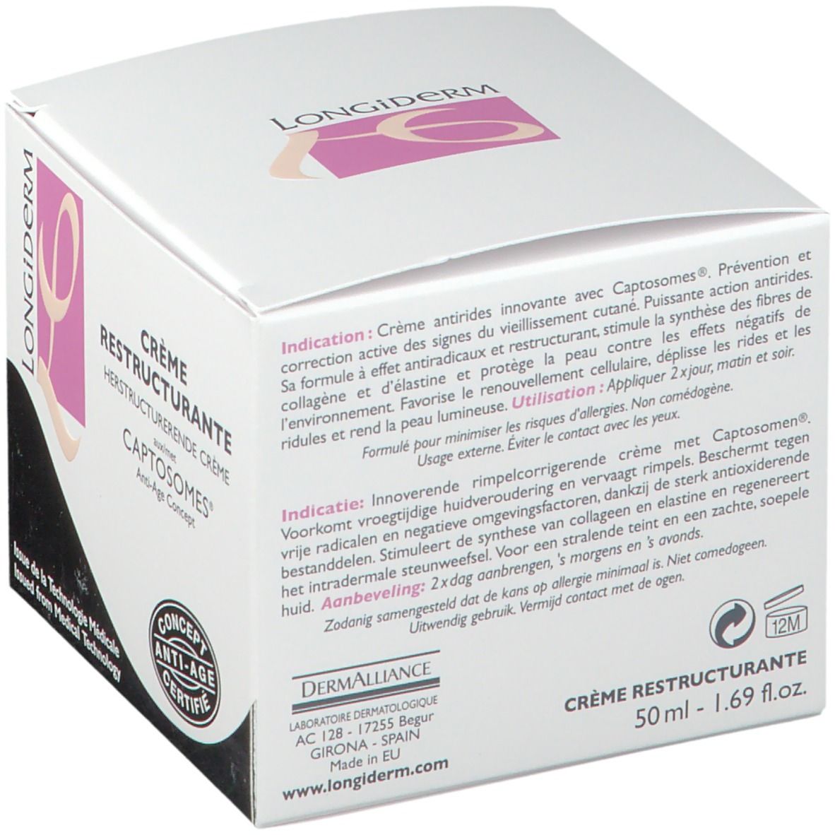 Boîte blanche avec nom et logo du produit. Texte multilingue. Logo de certification et symbole 12M.