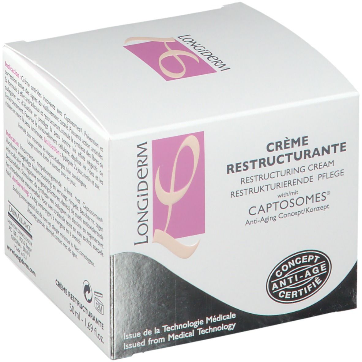Boîte blanche avec nom et logo du produit. Texte multilingue. Logo de certification.