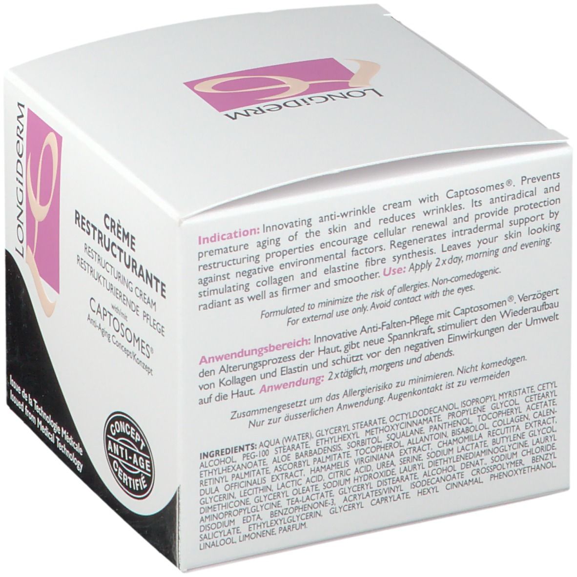 Boîte blanche avec nom et logo du produit. Texte multilingue. Logo de certification.