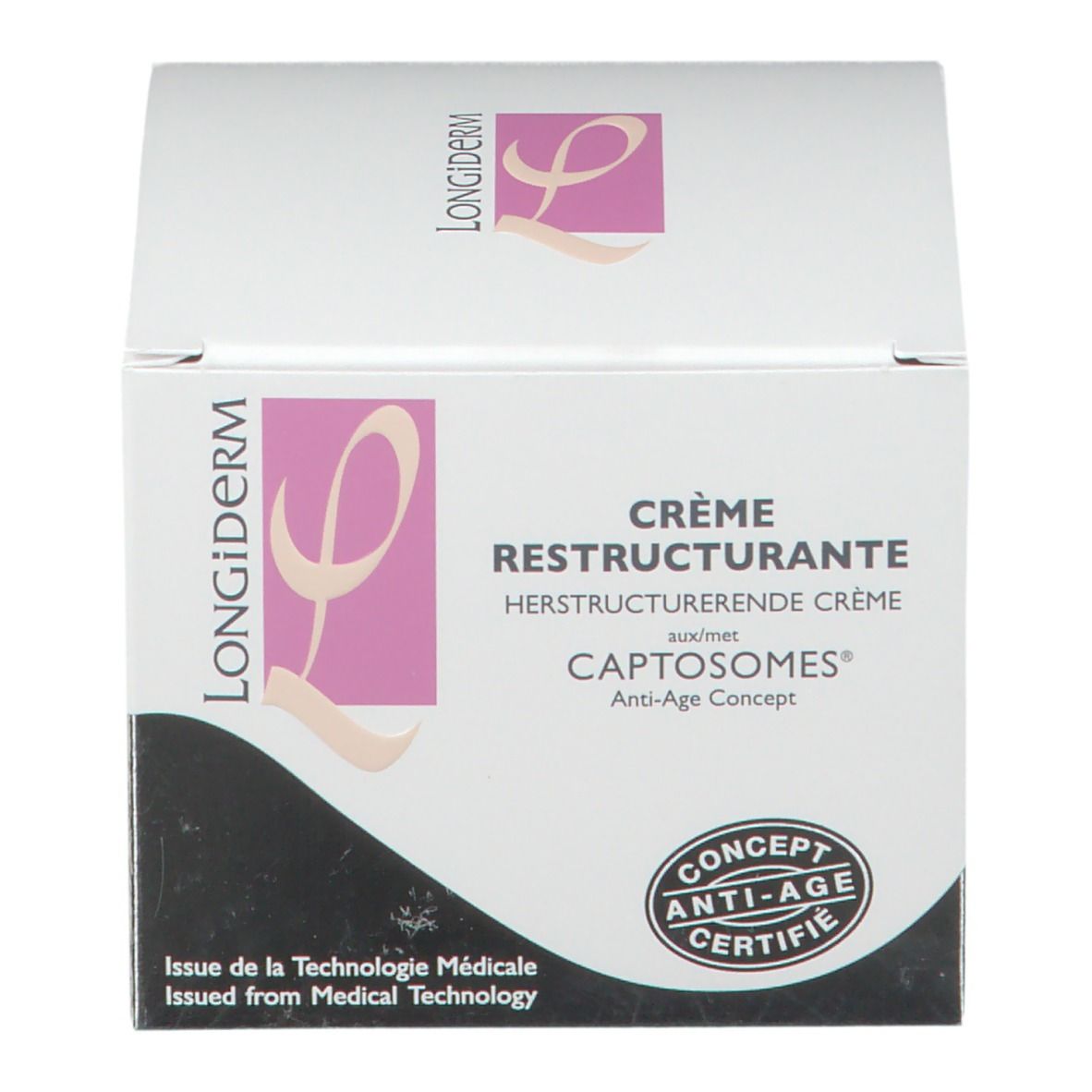 Boîte blanche avec nom et logo du produit. Texte multilingue. Logo de certification.