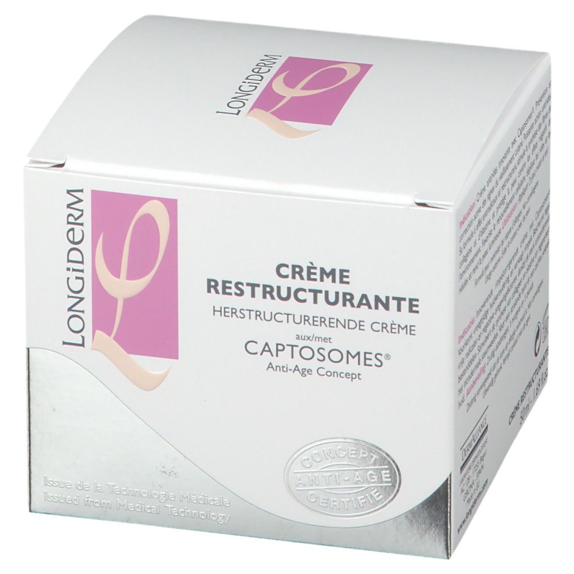Boîte blanche avec nom et logo du produit. Texte multilingue. Logo de certification.