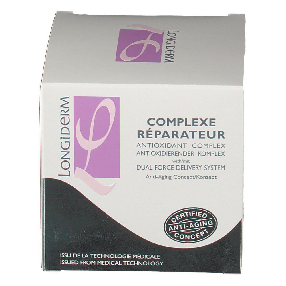Verpakking van Longiderm Complex Réparateur. Witte en grijze doos met paars logo en tekst. Gecertificeerd anti-aging concept.
