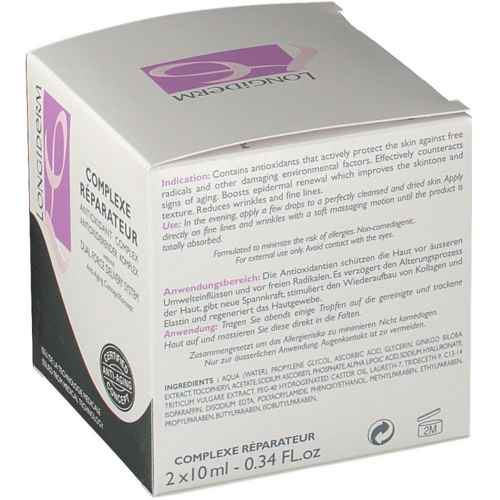 Verpakking Longiderm Complex Réparateur. Achterkant met productinformatie in het Duits, Engels en Frans. Ingrediënten.