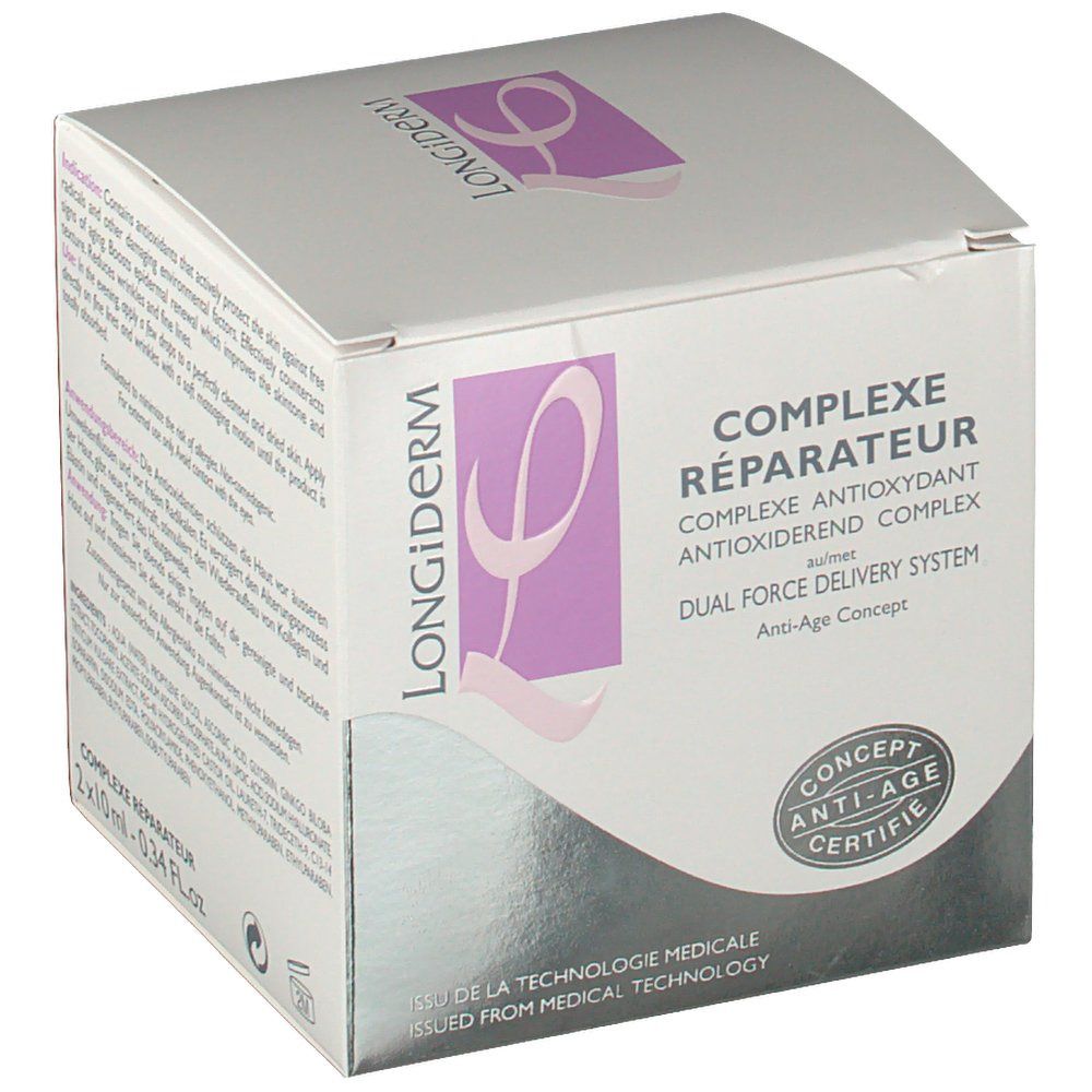 Verpakking van Longiderm Complex Réparateur. Doos met paars logo en tekst. Gecertificeerd anti-aging concept.