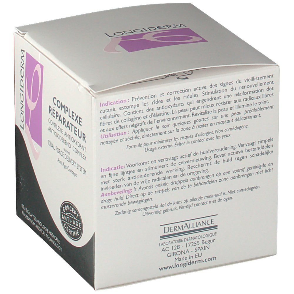 Verpakking Longiderm Complex Réparateur. Achterkant met productinformatie in meerdere talen. Dermatologische certificering.