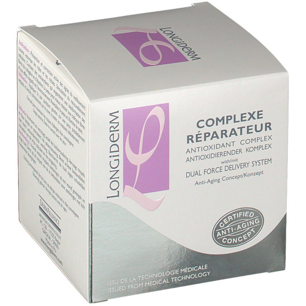 Verpakking van Longiderm Complex Réparateur. Doos met paars logo en tekst. Gecertificeerd anti-aging concept.