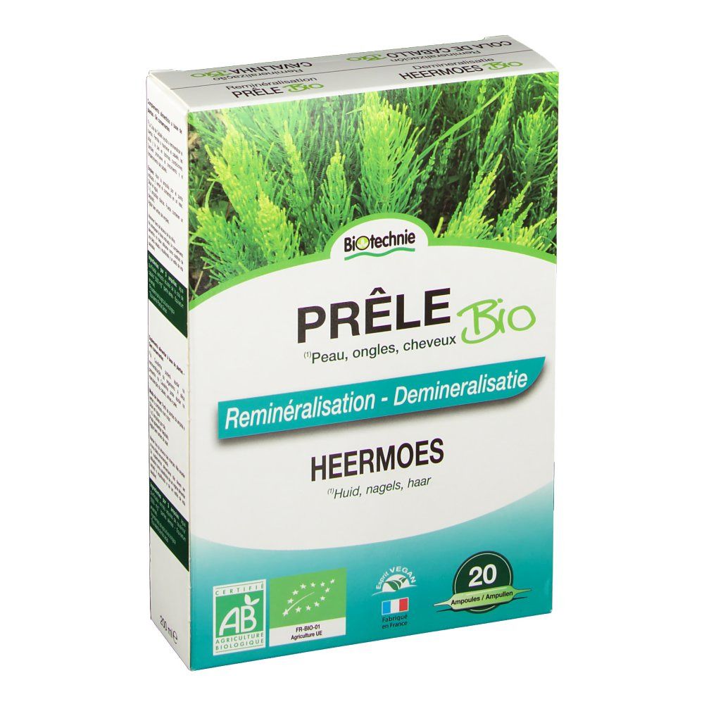 Boîte Prêle Bio de Biotechnie. Face avant avec image de plante, texte: Prêle Bio, Reminéralisation, HeerMoes, 20 ampoules.