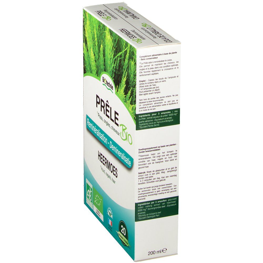 Boîte Biotechnie Prêle Bio, vue latérale. Texte: Prêle Bio, Reminéralisation, HeerMoes, 20 ampoules. Avec texte et ingrédients.