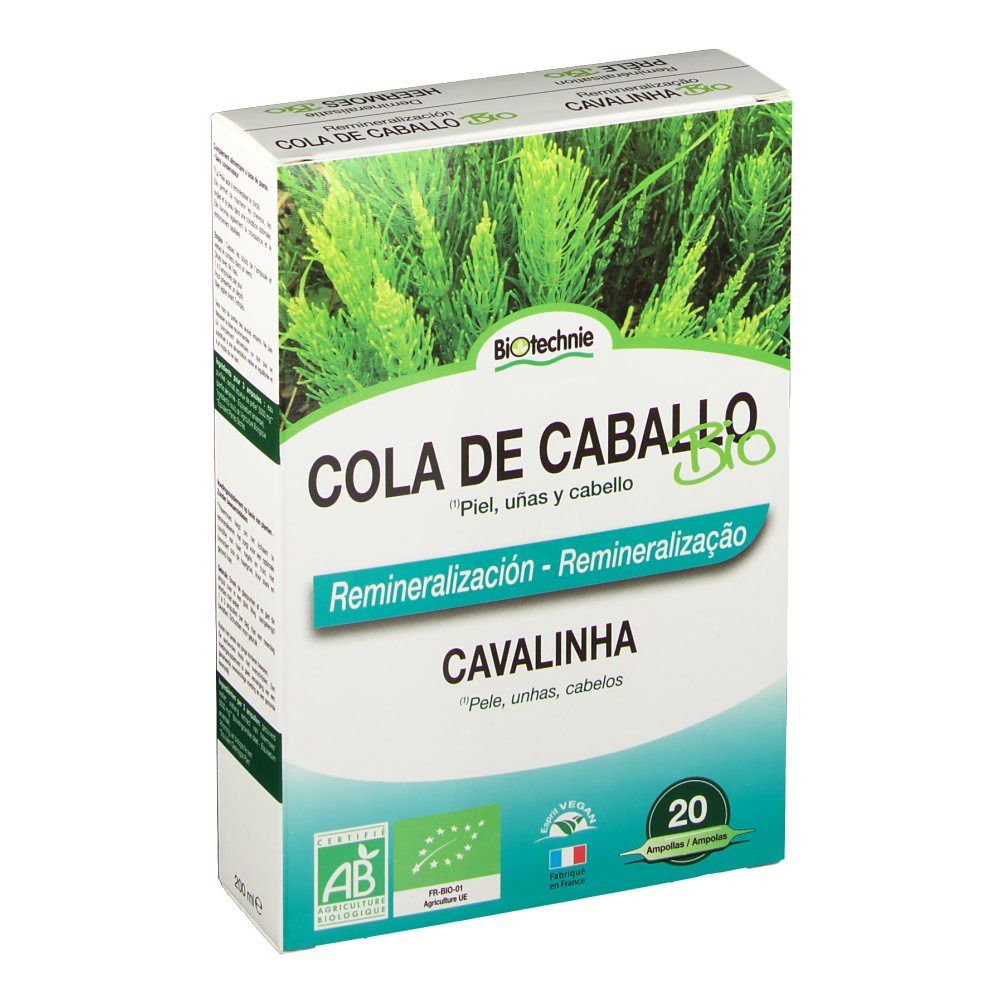 Boîte Cola de Caballo Bio de Biotechnie. Face avant avec image de plante, texte: Cola de Caballo Bio, Reminéralisation, Cavalinha, 20 ampoules.