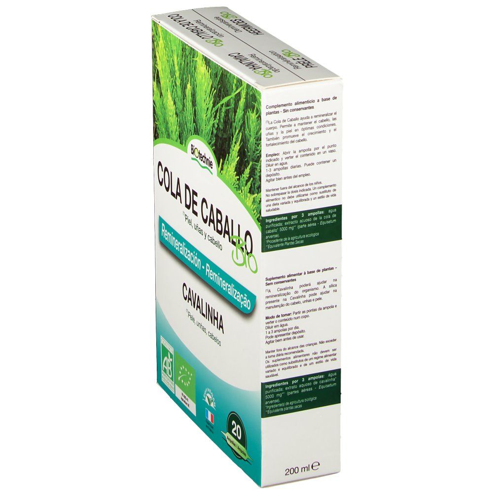 Boîte Cola de Caballo Bio, vue latérale. Texte: Cola de Caballo Bio, Reminéralisation, Cavalinha, 20 ampoules. Avec texte et ingrédients.