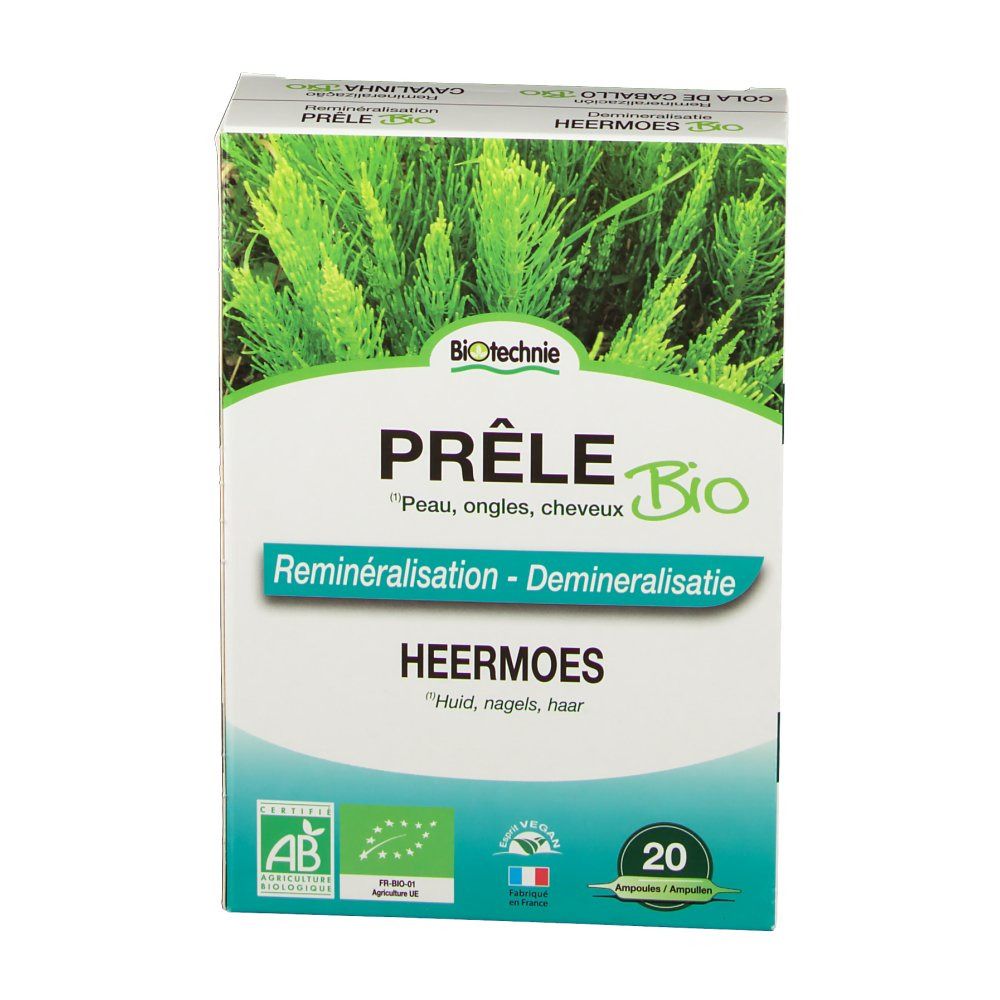 Boîte Prêle Bio de Biotechnie. Face avant avec image de plante, texte: Prêle Bio, Reminéralisation, HeerMoes, 20 ampoules.