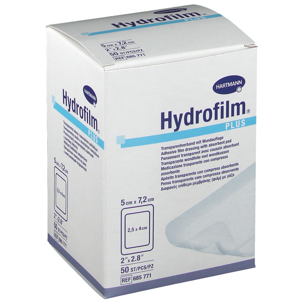 Hydrofilm Plus verpakking. Doos met productinformatie en logo. Afmetingen: 5 cm x 7,2 cm. Bevat 50 stuks.