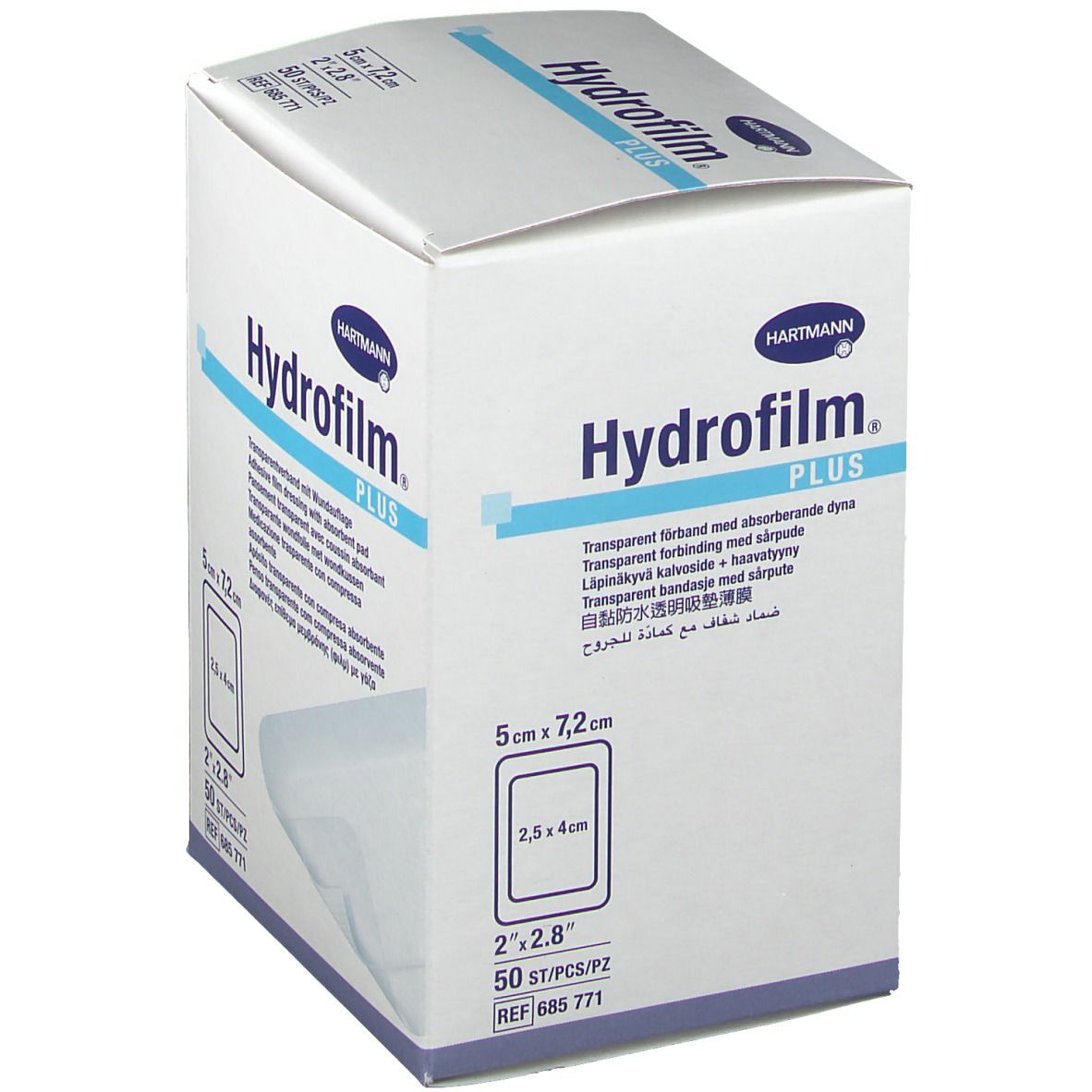 Hydrofilm Plus verpakking. Doos met productinformatie en logo. Afmetingen: 5 cm x 7,2 cm. Bevat 50 stuks.
