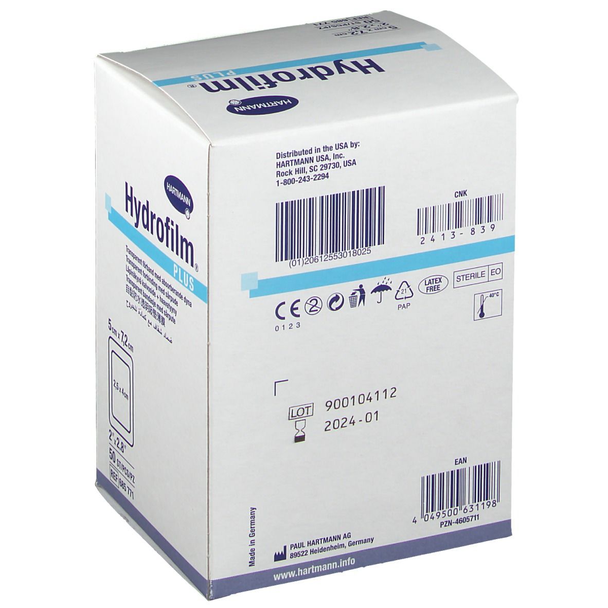 Hydrofilm Plus verpakking, achterkant. Productinformatie, barcode en certificeringen. Steriel.