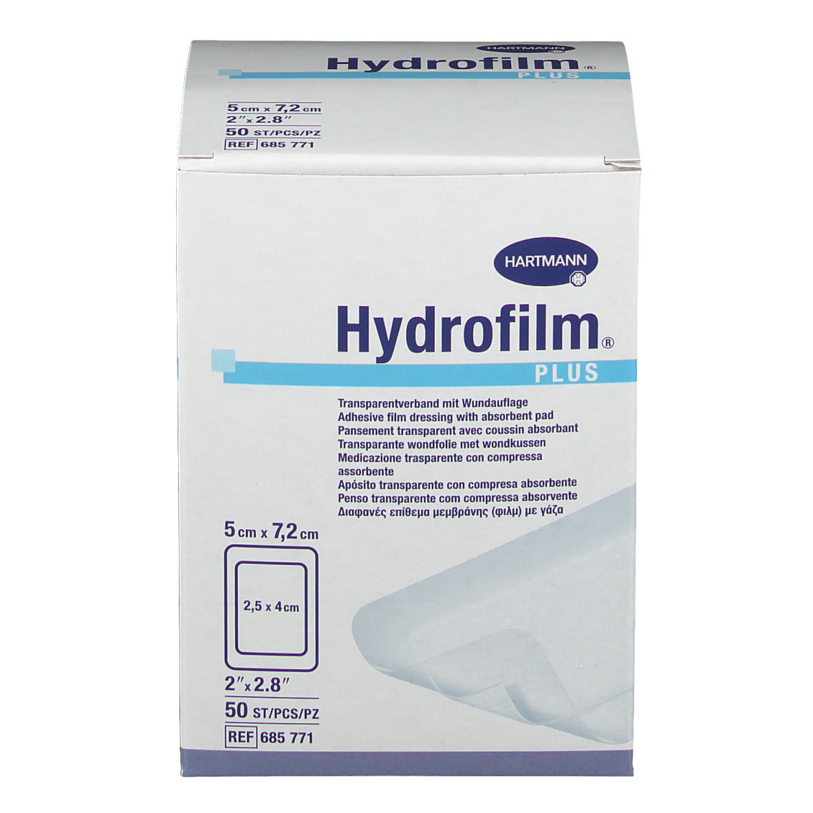 Hydrofilm Plus verpakking. Doos met productinformatie en logo. Afmetingen: 5 cm x 7,2 cm. Bevat 50 stuks.