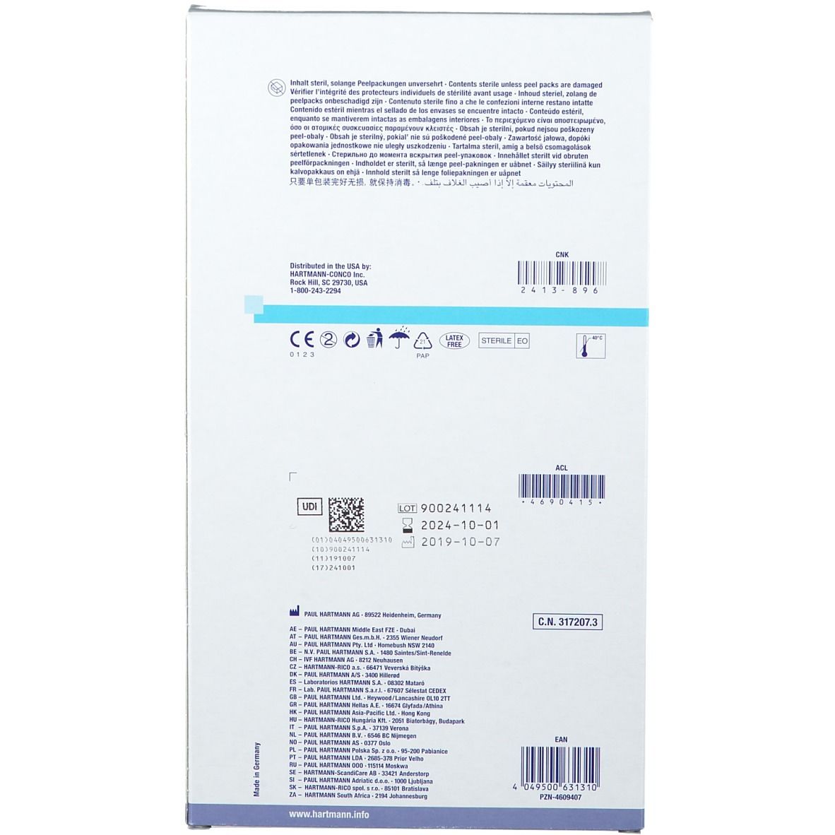 Dos de l'emballage Hydrofilm Plus. Informations, numéro de lot, date d'expiration et marquage CE.