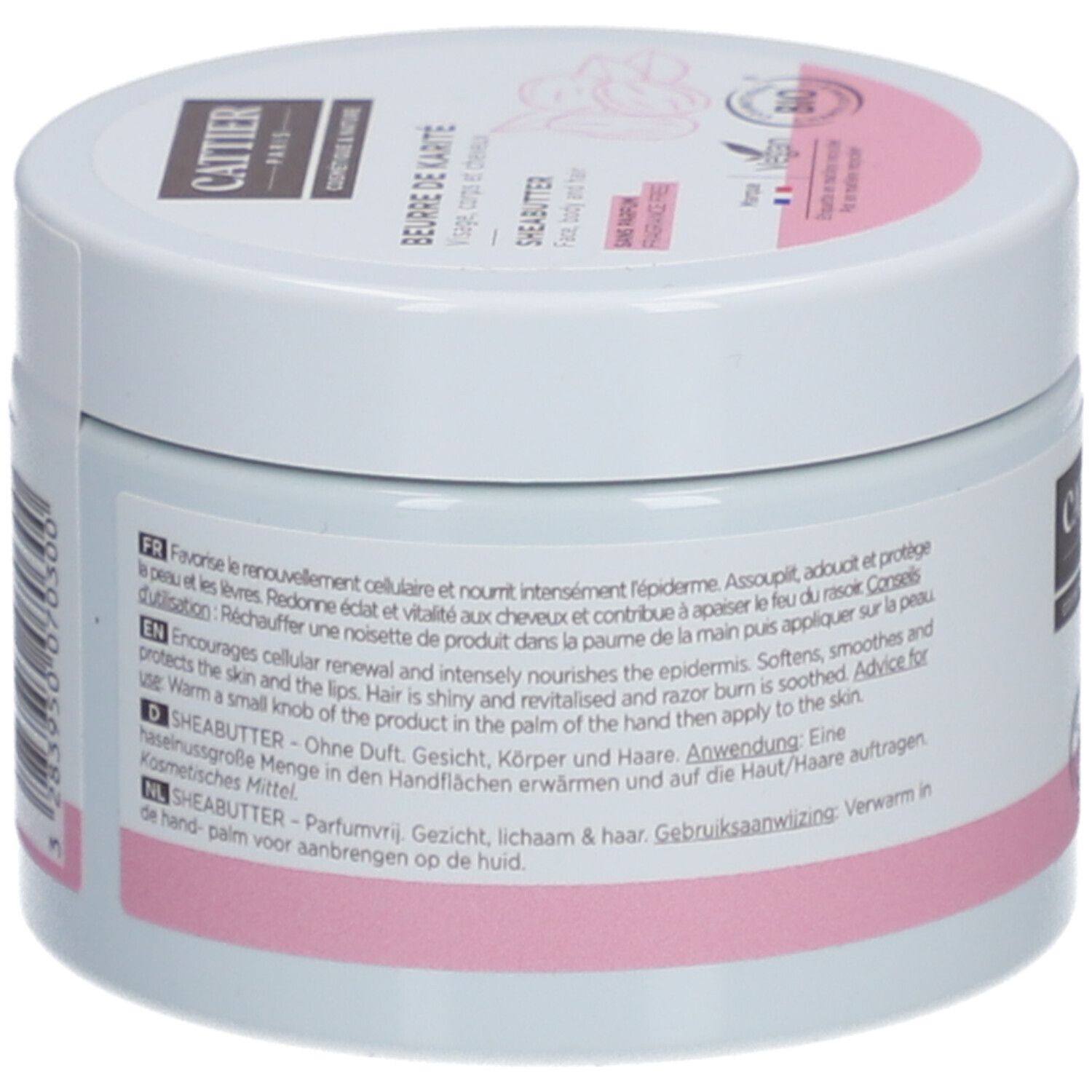 Weißer Tiegel, Rückseite mit Text. Aufschrift: Sheabutter, Anwendungshinweis. Text in Deutsch, Englisch, Französisch und Niederländisch.