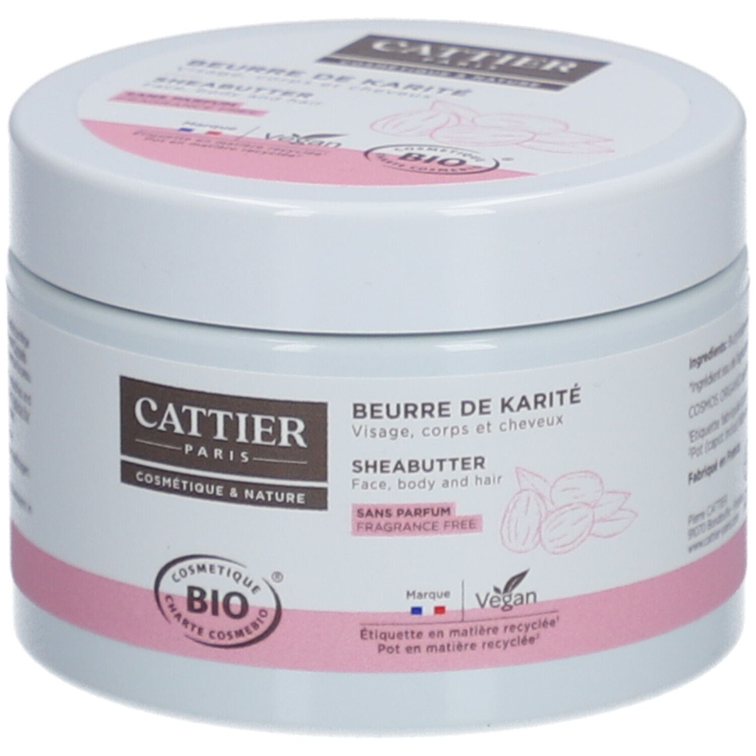 Weißer Tiegel mit rosa Band. Aufschrift: Cattier, Beurre de Karité, Sheabutter. Bio-Zertifizierung. Vegan.