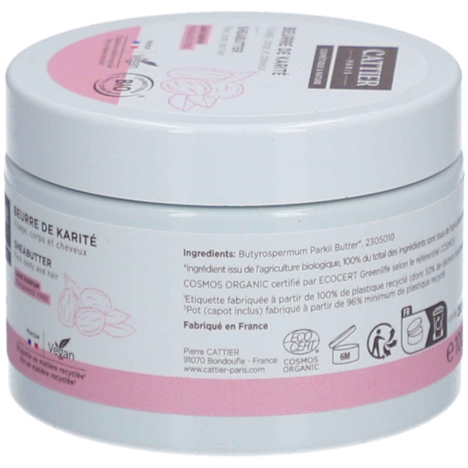 Weißer Tiegel, Rückseite mit Text. Aufschrift: Beurre de Karité, Sheabutter. Inhaltsstoffe, Zertifizierungen, Herstellerinformationen.