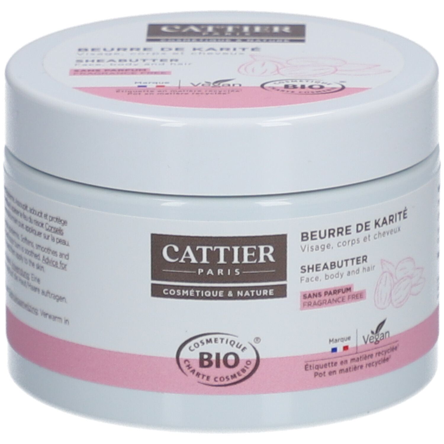 Weißer Tiegel mit rosa Band. Aufschrift: Cattier, Beurre de Karité, Sheabutter. Bio-Zertifizierung. Vegan.