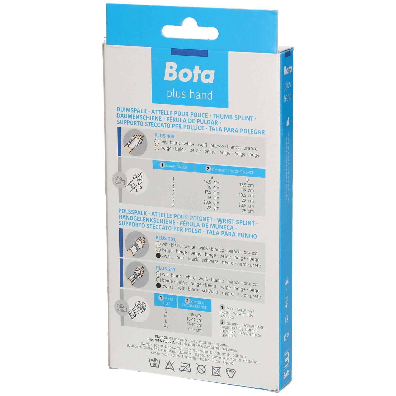 Dos de l'emballage Bota Hand. Informations sur les tailles et le produit.