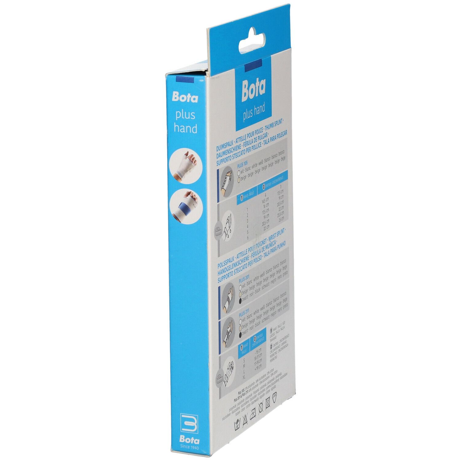Emballage Bota Hand. Emballage bleu et blanc. Informations sur les tailles et illustrations.