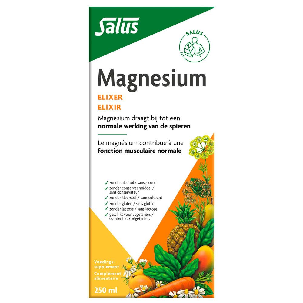 Productverpakking. Salus Magnesium Elixir. Tekst en afbeeldingen van fruit en groenten.