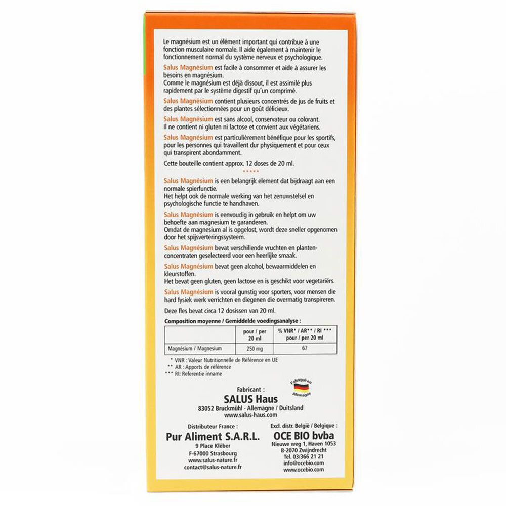 Achterkant van de verpakking Salus Magnésium Formule liquide. Tekstinformatie, ingrediënten, fabrikantgegevens.