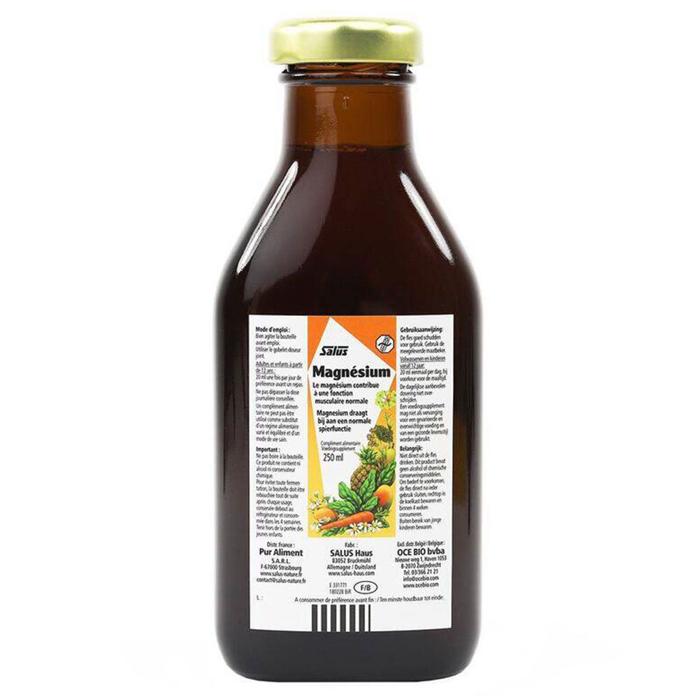Bruine glazen fles met gouden dop. Salus Magnésium Formule liquide. Etiket met informatie.