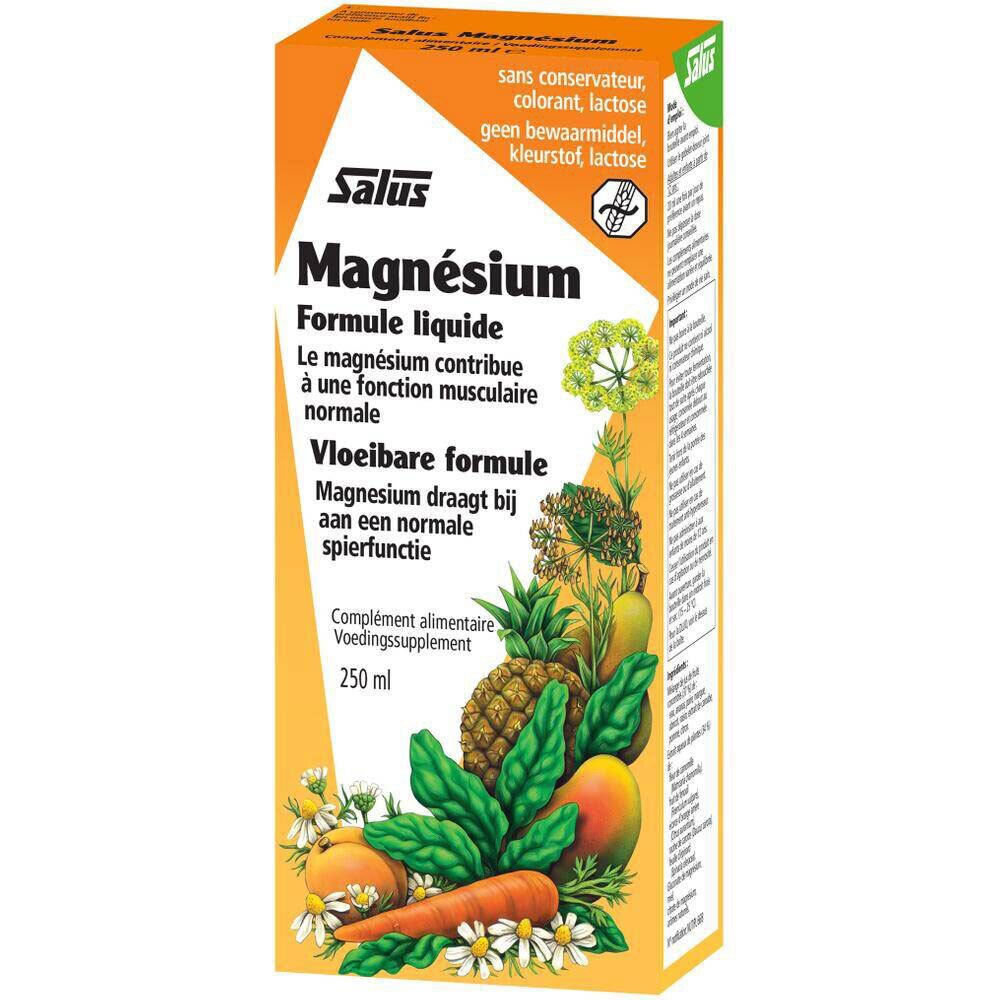 Verpakking van Salus Magnésium Formule liquide. Oranje doos met productnaam en illustraties.