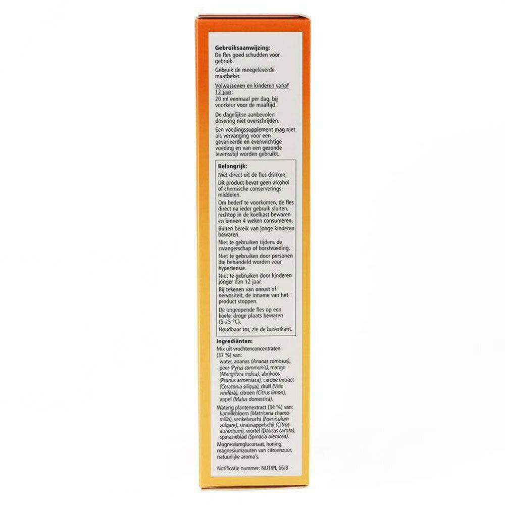 Zijkant van de verpakking Salus Magnésium Formule liquide. Gebruiksaanwijzing en ingrediënten.