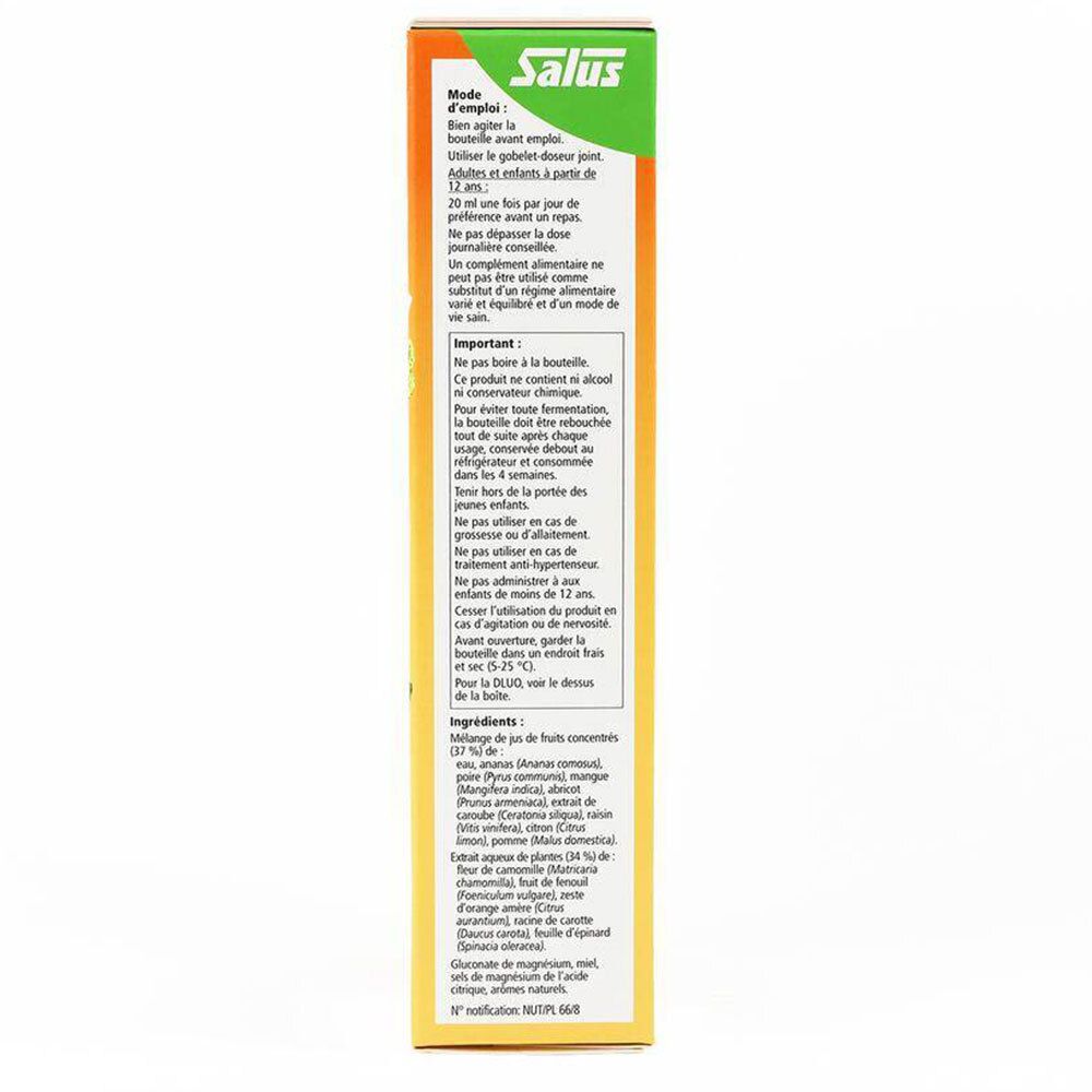 Zijkant van de verpakking Salus Magnésium Formule liquide. Gebruiksaanwijzing en ingrediënten.