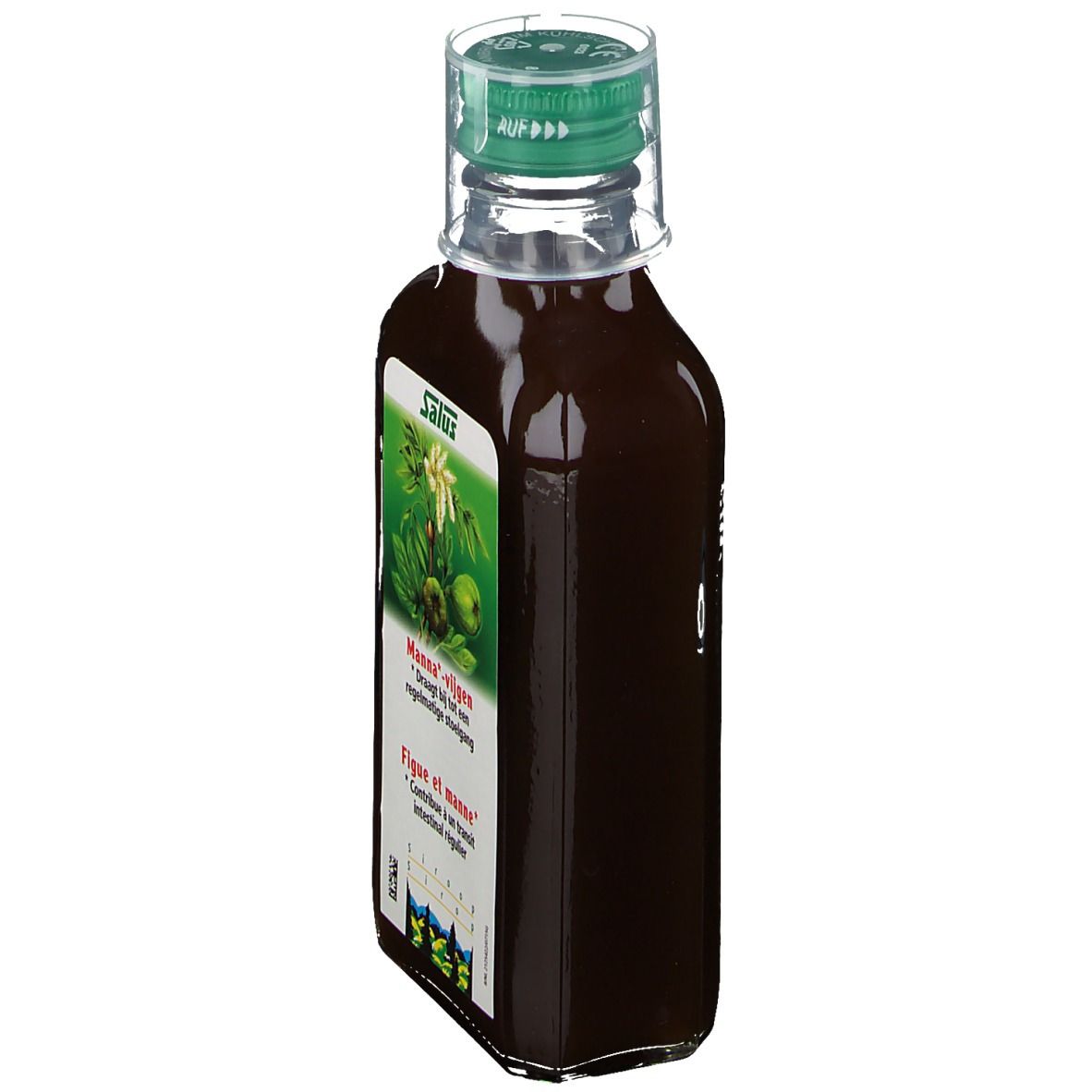 Glasflasche mit brauner Flüssigkeit, grünem Verschluss. Etikett mit Produktnamen und Illustrationen, Seitenansicht.