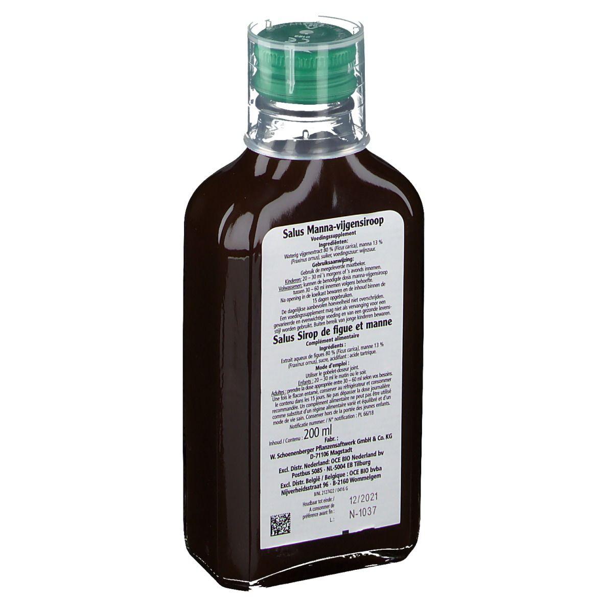 Rückansicht einer Glasflasche mit brauner Flüssigkeit. Etikett mit Produktinformationen, Inhaltsstoffen und Herstellerangaben.