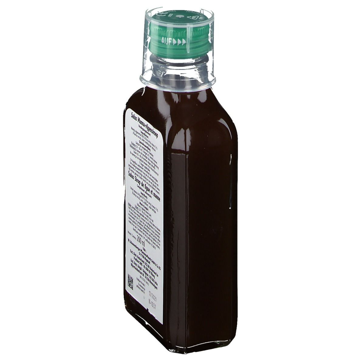 Seitenansicht einer Glasflasche mit brauner Flüssigkeit. Etikett mit Produktinformationen und Herstellerangaben.