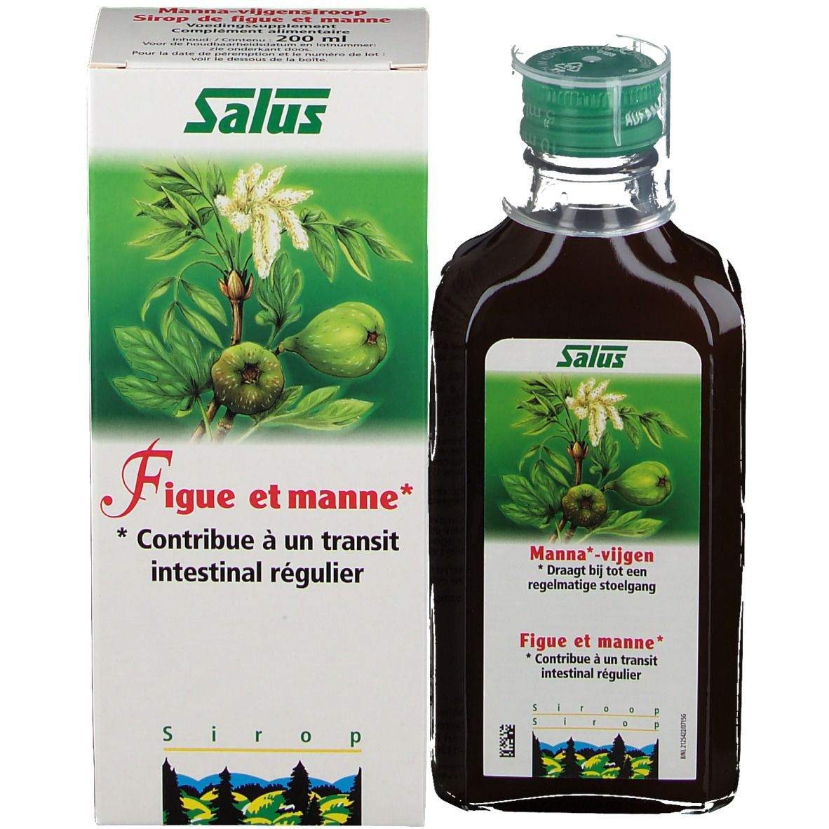Glasflasche mit brauner Flüssigkeit und Kartonverpackung. Verpackung mit Produktnamen, Illustrationen und Text.