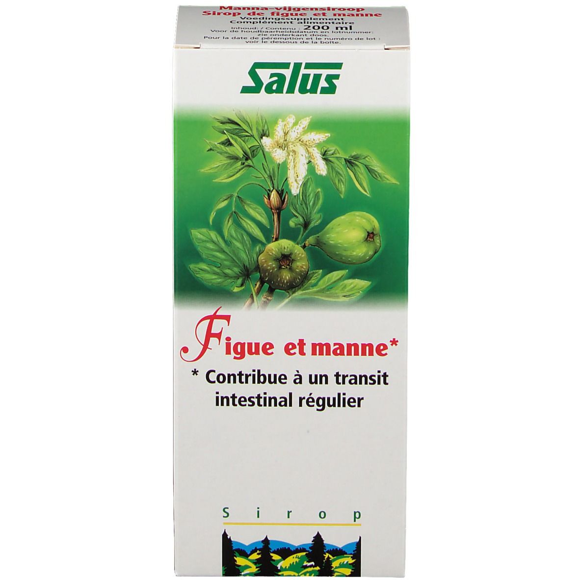 Kartonverpackung mit Produktnamen, Illustrationen und Text. Enthält eine Glasflasche mit brauner Flüssigkeit.