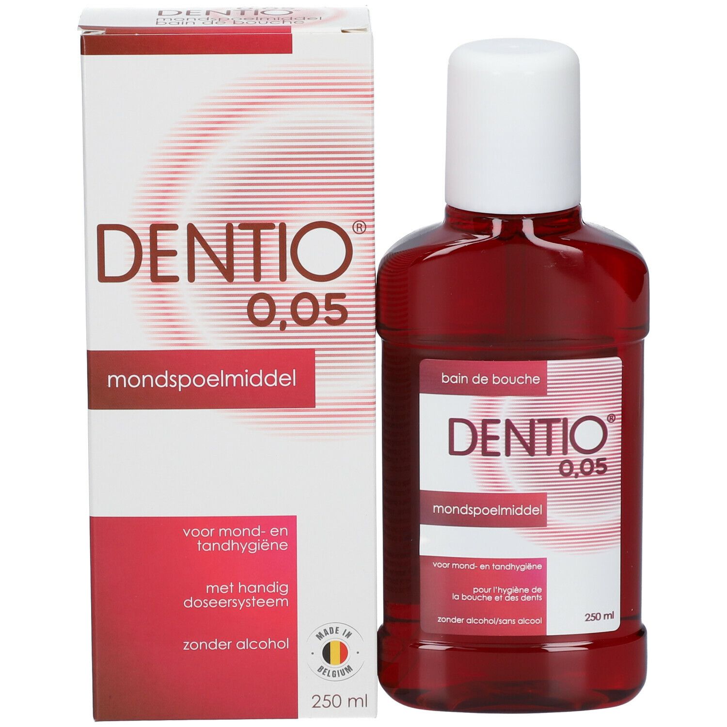 Productverpakking met fles. Opschrift: DENTIO 0,05, mondspoelmiddel. Met doseersysteem, zonder alcohol.