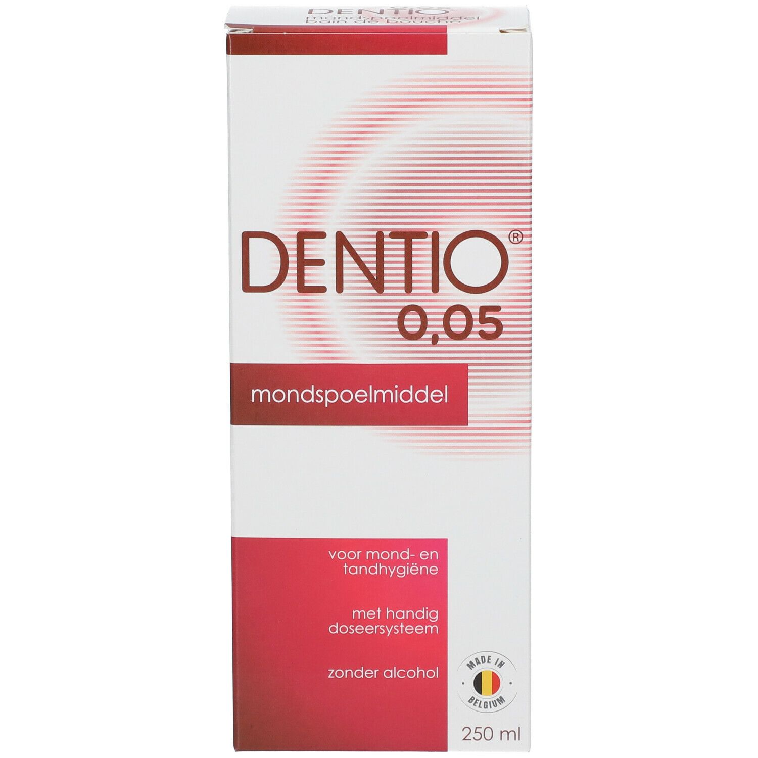 Productverpakking. Opschrift: DENTIO 0,05, mondspoelmiddel. Met doseersysteem, zonder alcohol.