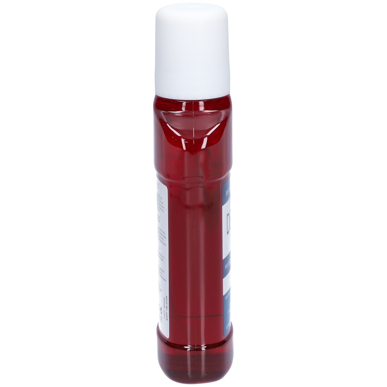 Flacon rouge avec bouchon blanc, vue latérale. Inscription: DENTIO 0,12.
