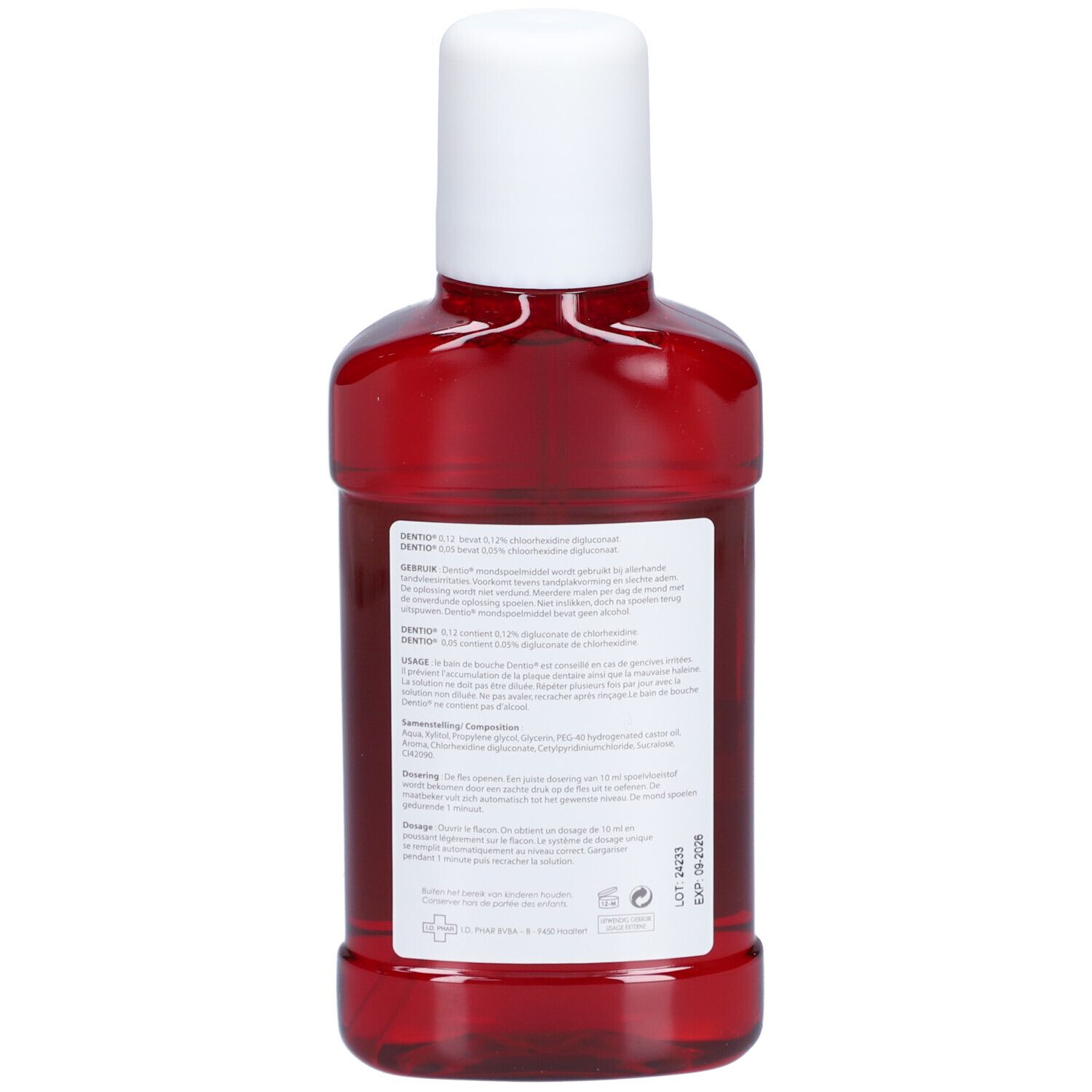 Flacon rouge avec bouchon blanc. Verso avec texte. Inscription: DENTIO 0,12.