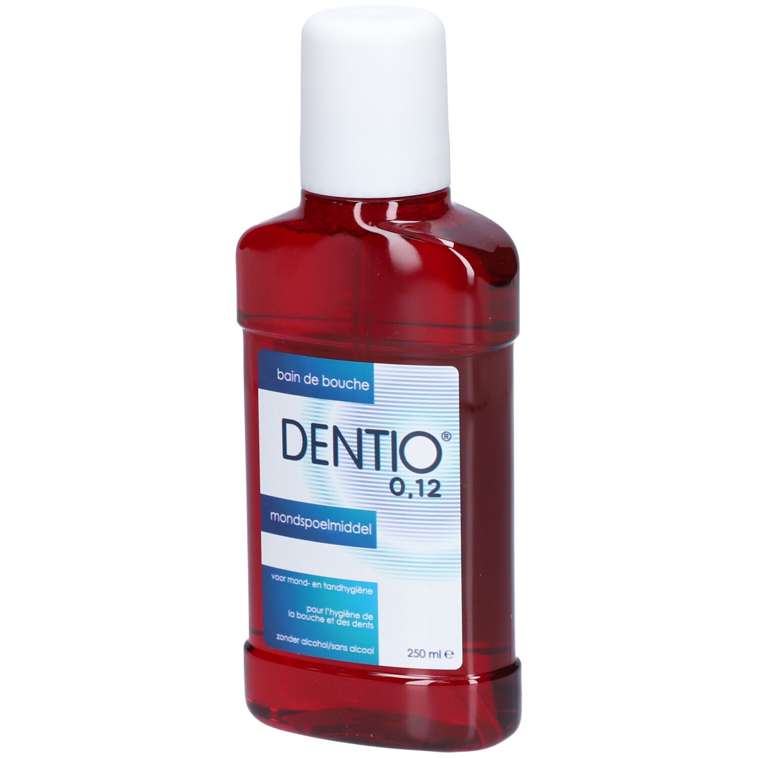 Flacon rouge avec bouchon blanc. Inscription: DENTIO 0,12, Bain de Bouche, bain de bouche. 250 ml.