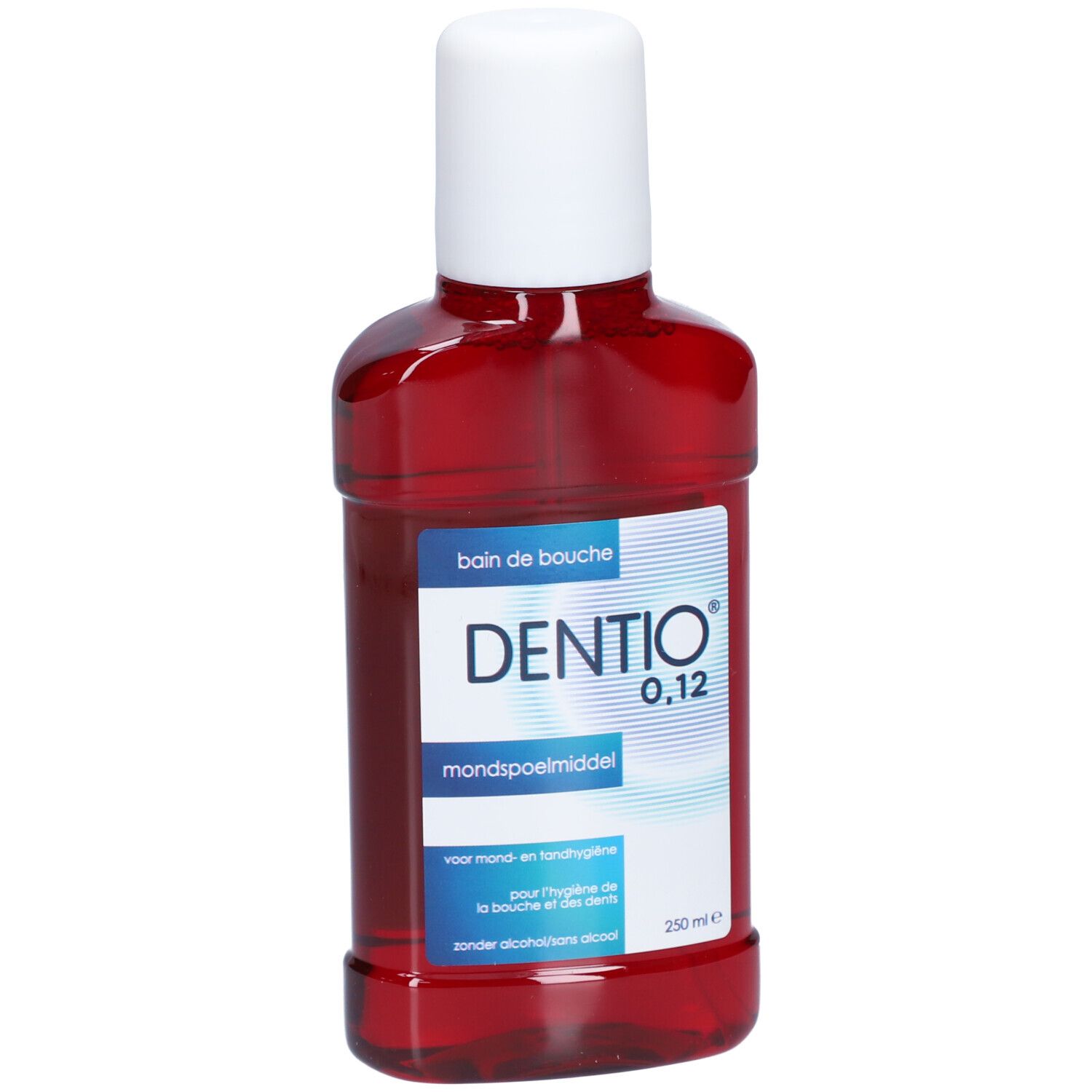 Flacon rouge avec bouchon blanc. Inscription: DENTIO 0,12, Bain de Bouche, bain de bouche. 250 ml.