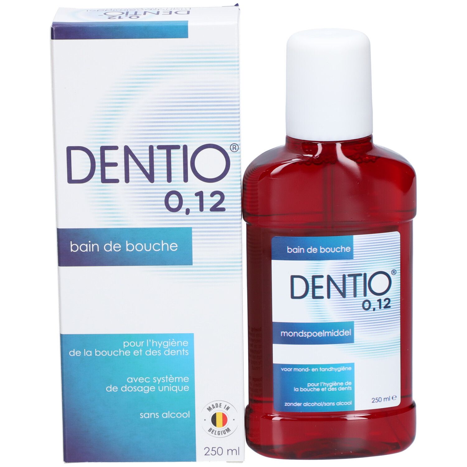 Emballage et flacon. Inscription: DENTIO 0,12, Bain de Bouche, bain de bouche. 250 ml.