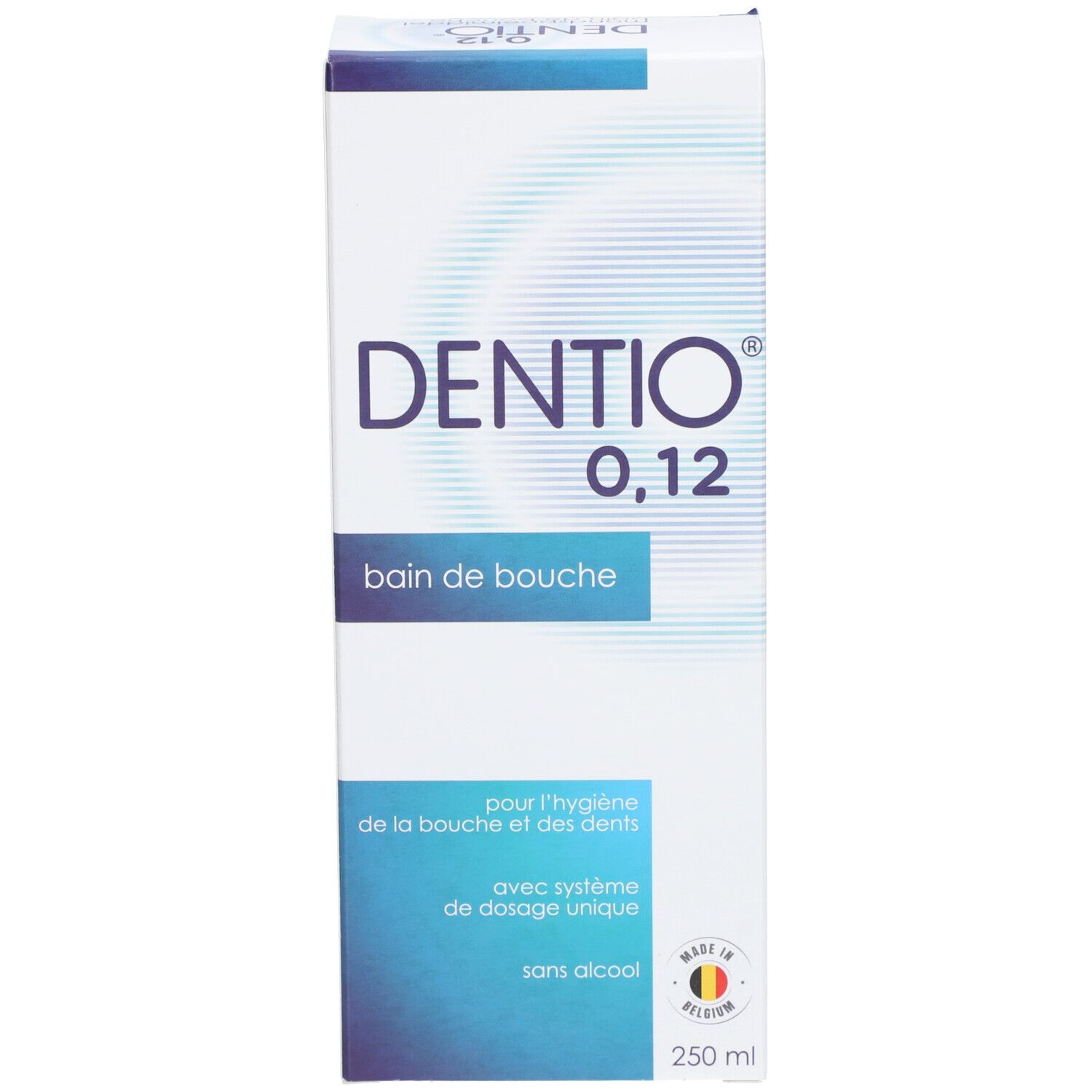 Emballage. Inscription: DENTIO 0,12, Bain de Bouche, bain de bouche. 250 ml.