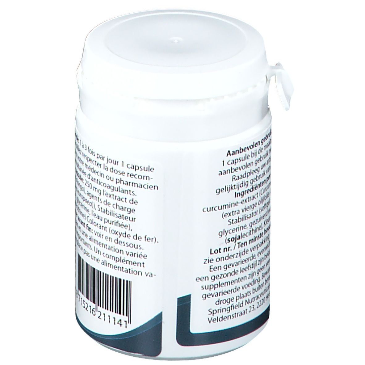 Contenitore bianco con "Curmaxell". Retro con ingredienti e istruzioni. Codice a barre.