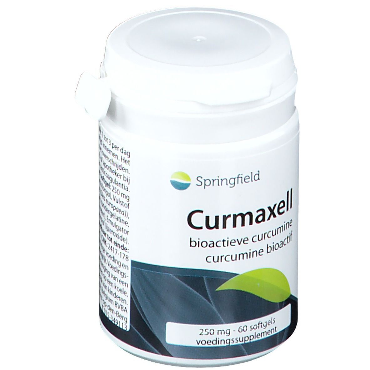 Contenitore bianco con scritta "Curmaxell". Contiene 60 softgels. Logo "Springfield".