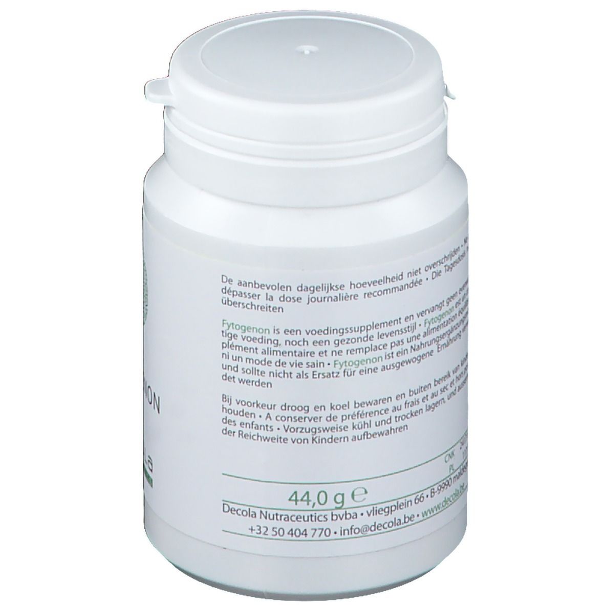 Flacon blanc avec couvercle. Texte sur l'étiquette. Poids : 44,0 g. Decola Nutraceutics bvba.
